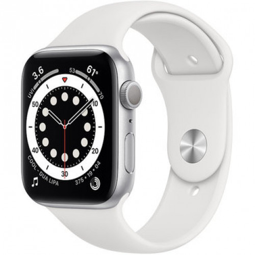 Carcasă din aluminiu argintiu pentru Apple Watch 6 GPS+LTE de 44 mm cu. Bandă sport albă (M07F3/MG2C3) folosită