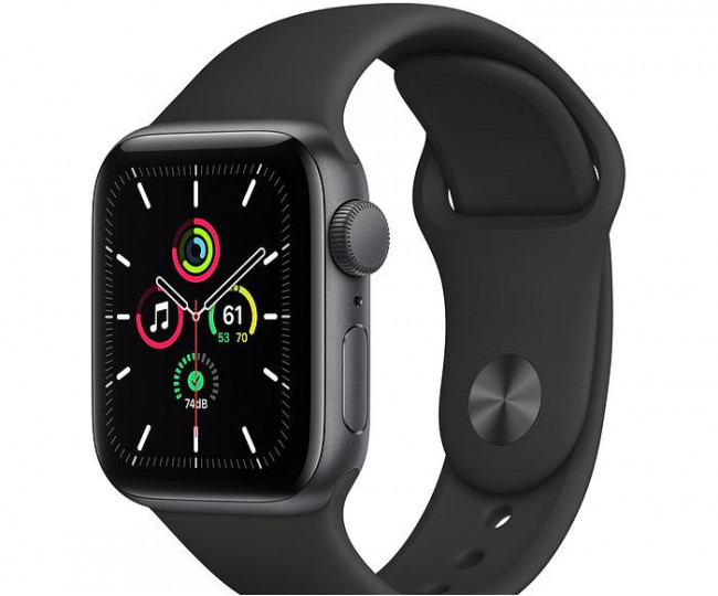 Carcasă din aluminiu pentru Apple Watch SE de 40 mm, gri spațial, cu GPS. Bandă sport neagră (MYDP2) folosită