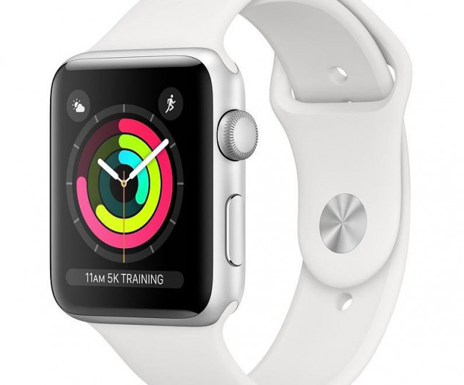 Carcasă din aluminiu argintiu de 38 mm pentru Apple Watch Series 3 GPS cu bandă sport albă (MTEY2).