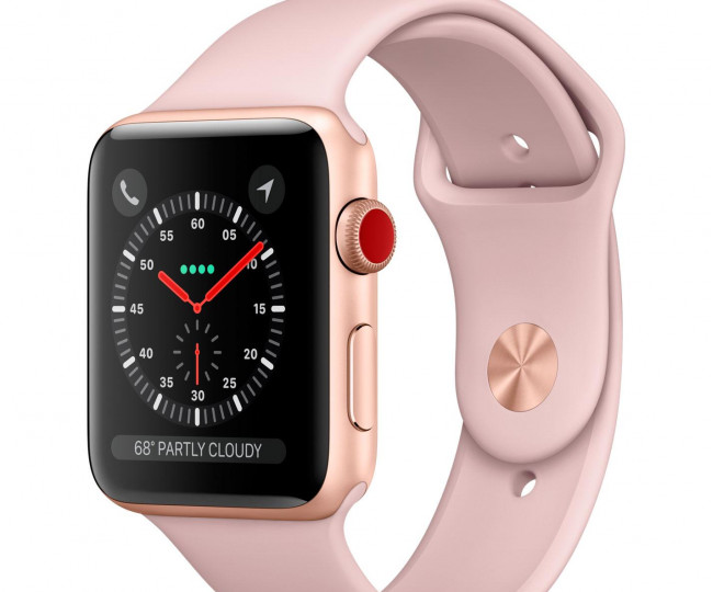 Carcasă din aluminiu auriu Apple Watch Series 3 de 38 mm cu bandă sport cu nisip roz (MQJQ2)