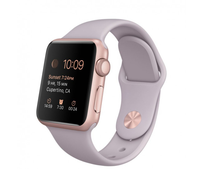 Carcasă din aluminiu auriu roz Apple Watch de 38 mm cu bandă sport lavandă (MLCH2)