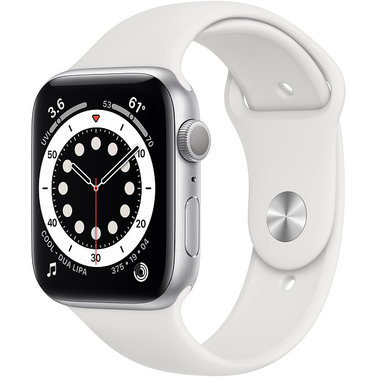 Carcasă din aluminiu argintiu pentru Apple Watch 6 GPS+LTE de 44 mm cu. Bandă sport albă (M07F3/MG2C3) folosită