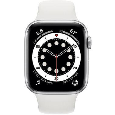 Carcasă din aluminiu argintiu pentru Apple Watch 6 GPS+LTE de 44 mm cu. Bandă sport albă (M07F3/MG2C3) folosită