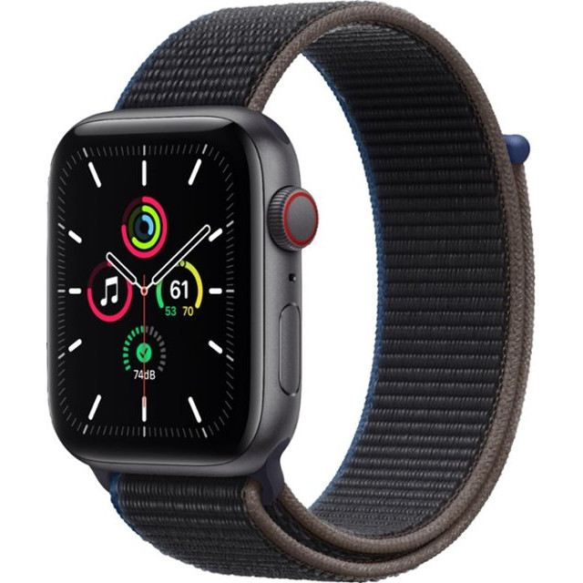 Carcasă Apple Watch SE GPS + Cellular de 44 mm din aluminiu gri spațial cu sport L. de cărbune (MYEU2/MYF12)