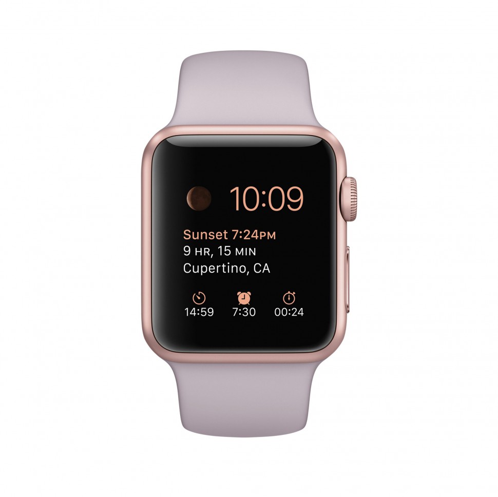 Carcasă din aluminiu auriu roz Apple Watch de 38 mm cu bandă sport lavandă (MLCH2)